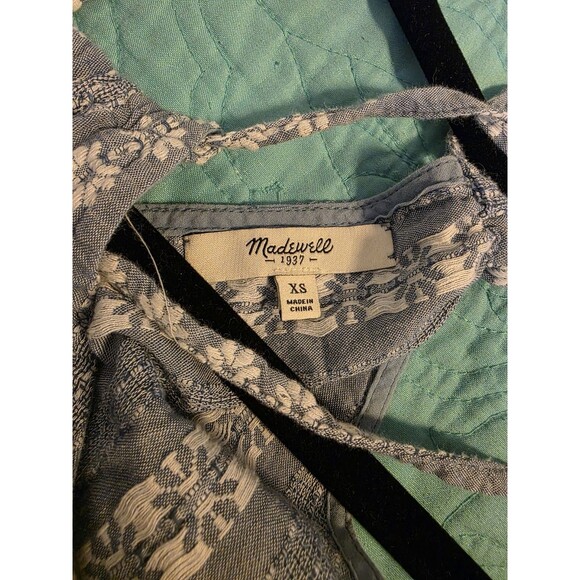 Madewell Womens Size XS Blue Seaglow Chambray Floral Drawstring Tie Neck Romper - Picture 3 of 9